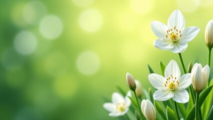 Fototapeta premium White flowers and buds on a green blurred background with sunlight.