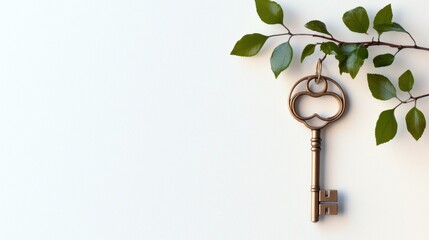 Vintage key with leaves on textured background.