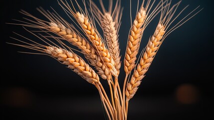 Bunch of golden wheat is shown in a close up