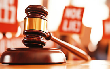 Legal Hammer of Justice: A detailed photograph of a judge's gavel, symbolizing the justice and legal system, prominently displayed against a background of subtle legal documents or court settings.