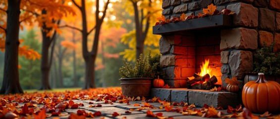 A cozy autumn scene with a warm fireplace and vibrant fall leaves
