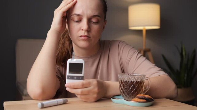 A woman sits at a table, looking concerned while checking her glucometer readings. She contemplates her blood sugar levels with a cup of tea and snacks nearby
