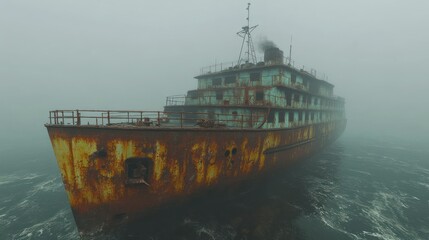 Rusty, abandoned ship lost in a dense fog.  The vessel appears to be a faded teal or mint green color with extensive rust.  