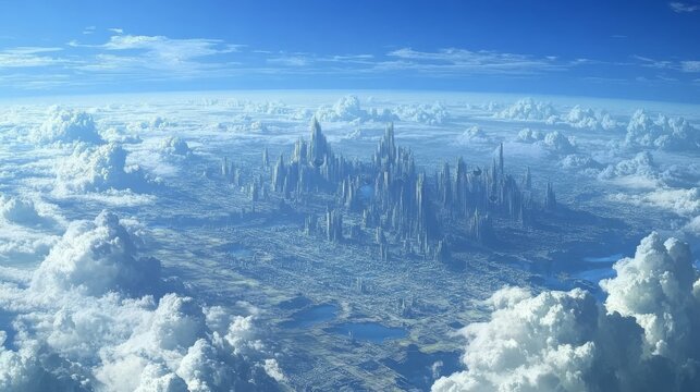 landscape of syrania, sky plane, a boundless expanse of blue skies dotted with large, floating cities inhabited by angels, dungeons and dragons eberron