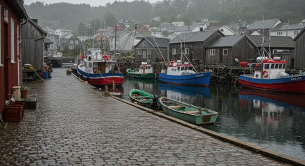 Obraz premium Rainy Day at the Picturesque Norwegian Fishing Village Harbor: Boats, Cobblestone Street, and Serene Atmosphere