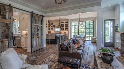 Rustic Modern Open Plan Living Room with Barn Door and Leather Sofa