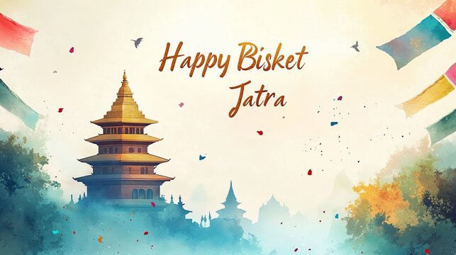 Elegant golden text "Happy Bisket Jatra", soft pastel background with subtle Nepalese temple silhouettes, prayer flags, and traditional motifs, ample negative space for text overlays