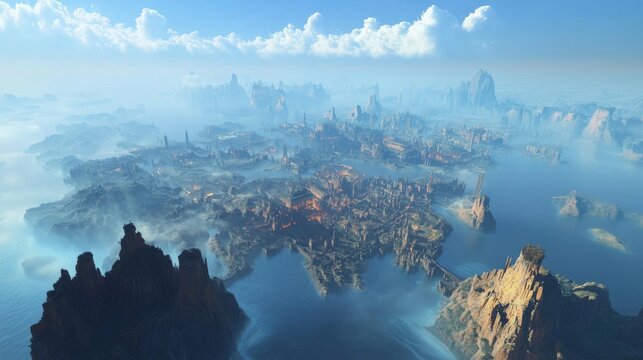 landscape of syrania, sky plane, a boundless expanse of blue skies dotted with large, floating cities inhabited by angels, dungeons and dragons eberron