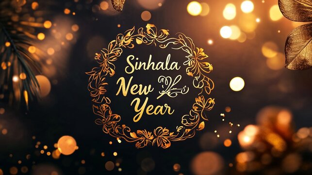 Luxury greeting card with shimmering golden text "Sinhala New Year", gentle marigold flower patterns, and a soft festive glow.