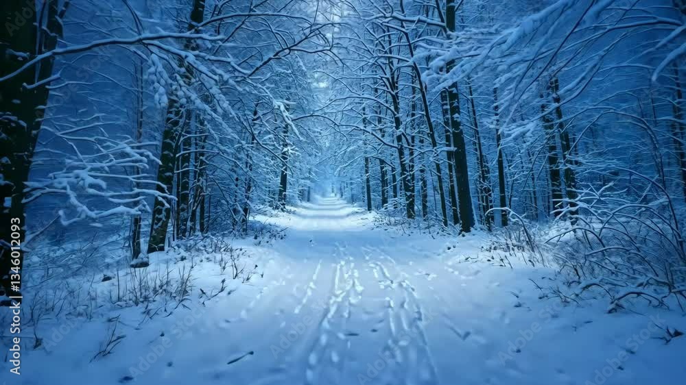 Poster snowy forest path with trees covered in snow and footprints leading into the distance view