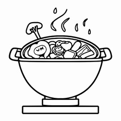 black outline vector of a sizzling hot pot with ingredients like mushrooms, tofu, and meat