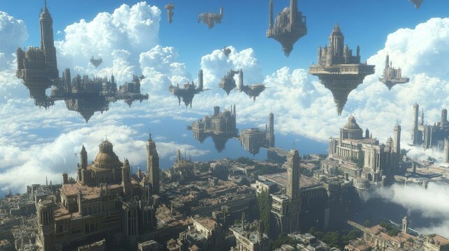 landscape of syrania, sky plane, a boundless expanse of blue skies dotted with large, floating cities inhabited by angels, dungeons and dragons eberron