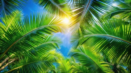 Fototapeta premium sunlight filtering through lush tropical palm leaves, creating a bright and vibrant summer scene. ideal background for vacation and travel banners