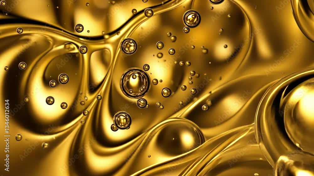 Poster a close up of golden liquid with many bubbles and flowing shapes in a detailed view shot