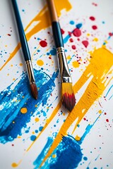 Artistic paint brushes with colorful splatter on white canvas, creating a lively and creative space for copy and design.