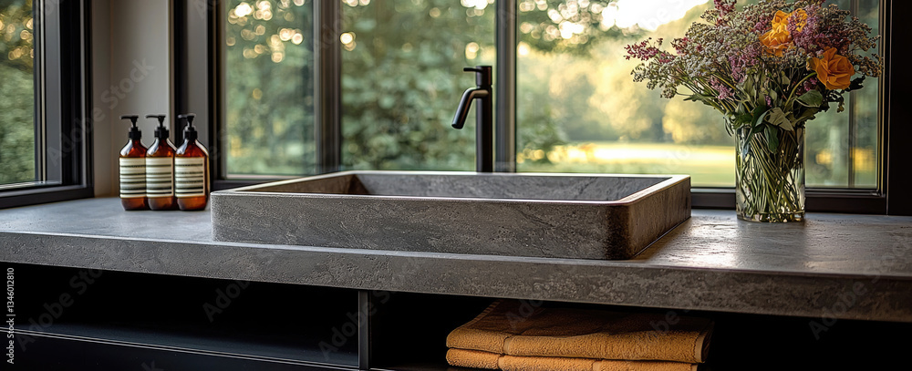 Poster modern bathroom featuring sleek gray stone sink, surrounded by large windows that offer view of natu