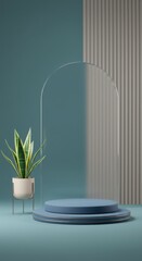 A minimalist podium with a sleek blue base, an arched glass backdrop, and a white potted plant in a clean, teal-toned space 02