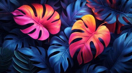 Vibrant Neon Tropical Leaves Dark Background Wallpaper