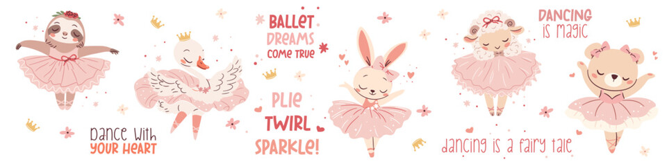 A set of flat vector illustrations in a simple children's style. Cute animals doing ballet, rabbit sheep bear swan, sloth, bird cub and fox in pink ballet tutus, inscription . Vector illustration © Alena
