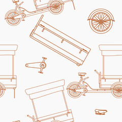 Editable Outline Style Mobile Food Bike Shop Vector Illustration Seamless Pattern for Creating Background of Vehicle or Food and Drink Business