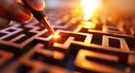 Navigating the Labyrinth: A close-up shot of a hand with pen on a labyrinth, implying problem-solving, strategic planning, and the quest for solutions, underscored by a warm, strategic.