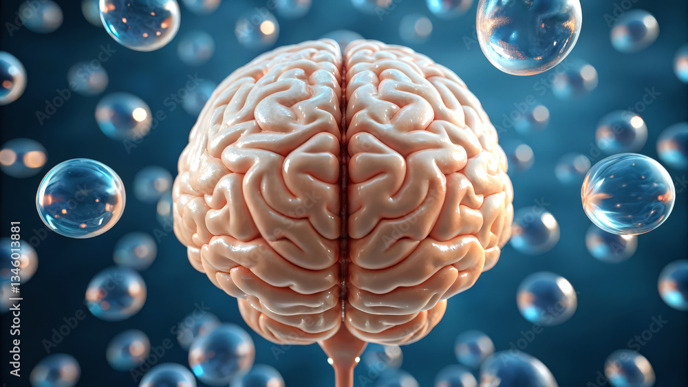Poster a 3d rendering of a brain surrounded by floating pharmaceutical elements.