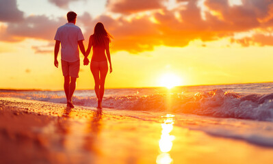Fototapeta premium Sunset Stroll: A couple walks hand-in-hand along the shoreline, silhouetted against the vibrant hues of a breathtaking sunset, embodying romance, togetherness, and the beauty of shared moments.