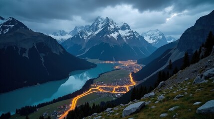 Obraz premium Grimsel Pass at night in heavy rain, with wet roads reflecting dim light. Thick clouds obscure the peaks, creating a dark and moody alpine atmosphere.