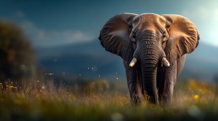 Fototapeta premium Large elephant is standing in a field of grass