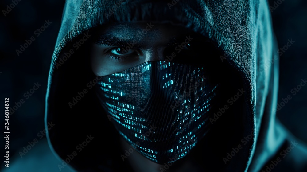 Poster Hacker wearing hoodie and mask with glowing code protecting identity