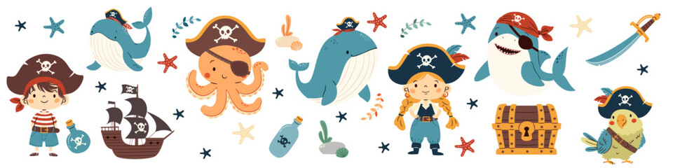 A set of flat vector illustrations in a simple children's style. Cute animals and kids in pirate hats, whale shark octopus devoka boy and ship. Pirate-themed elements. Vector illustration