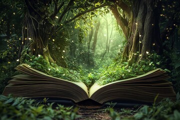 Book transformed into a forest landscape with intricate tree details and vibrant colors