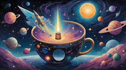 "A space adventure scene featuring a rocket ship, asteroids, and cosmic creatures."