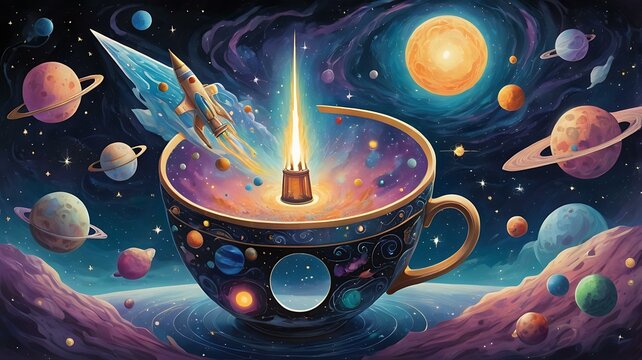 "A space adventure scene featuring a rocket ship, asteroids, and cosmic creatures."