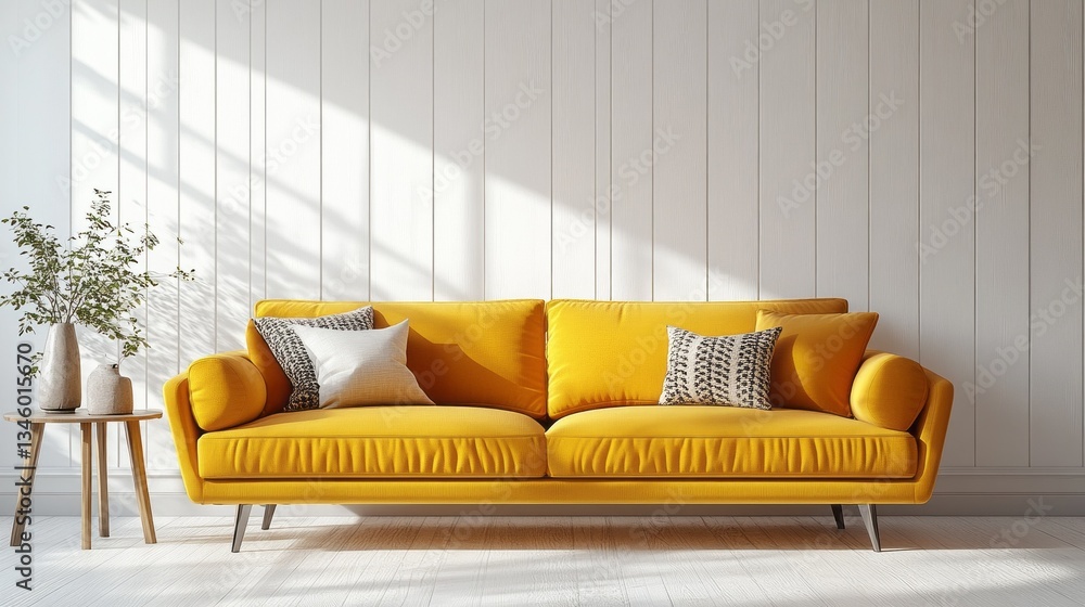 Poster a vibrant yellow sofa adorned with patterned cushions creates an inviting atmosphere in a minimalist