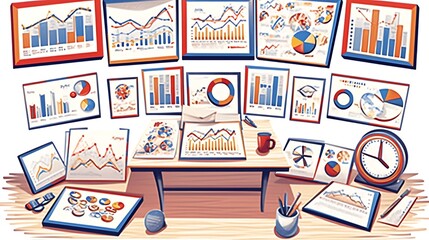 Desk cluttered with various charts and graphs.