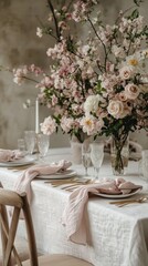 A charming gathering is set in a tranquil space where a table is adorned with soft linens, sparkling glassware, and vibrant floral arrangements. Fresh blooms in shades of pink create a warm ambiance