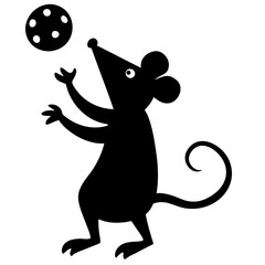 A mouse trying to juggle cheese silhouette vector illustration