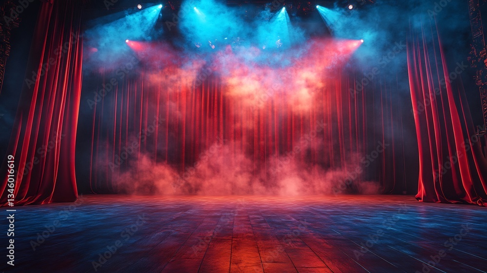 Poster stage with red curtains and dramatic lighting creating a performance atmosphere
