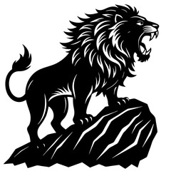 A roaring lion on a rocky cliff silhouette vector illustration