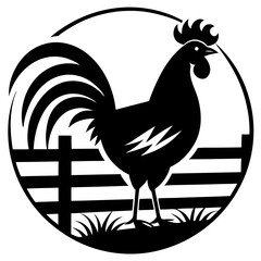 A rooster standing on a fence at sunrise silhouette vector illustration