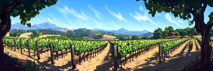 Tranquil Vineyard Landscape with Rolling Hills, Ripening Grapes, and Rustic Farmhouse in Serene Countryside