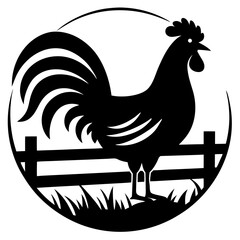 A rooster standing on a fence at sunrise silhouette vector illustration