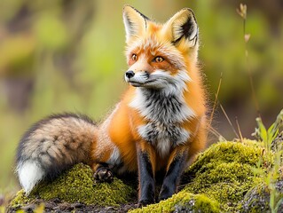 Red Fox Posing on Mossy Rock for Forest.