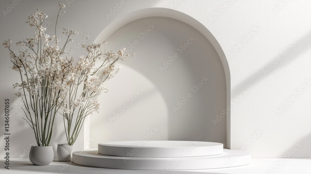 Poster A stylish arrangement showcases a minimalist setting with soft natural light. White surfaces and delicate flowers in textured vases create a peaceful backdrop for creativity and tranquility