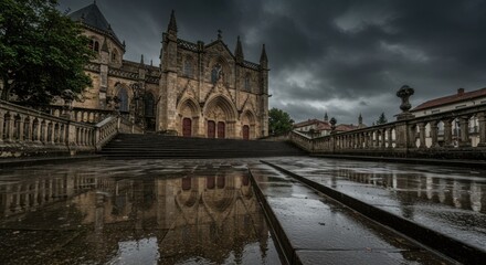 Fototapeta premium Majestic Basilica of Santa Maria in Ar?nzazu under a Dramatic Sky: A Reflection of Grandeur