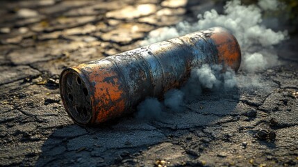 Obraz premium Rusty canister on cracked earth, emitting smoke