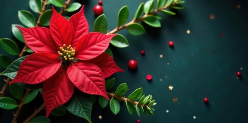 Fototapeta premium Glimmering poinsettia, eucalyptus, glitter accents, festive design, holiday background, xmas