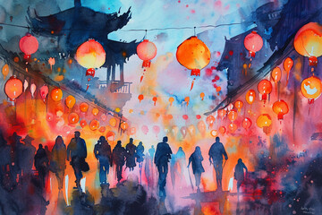 Beautiful holiday composition for happy celebrate chinese festival of lanterns, abstract vivid composition consists of fictional unreal fantastic vision on background