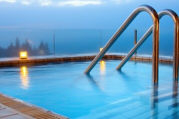 Obraz premium Spa wellness healing hydrotherapy journey. Serene pool with metal steps overlooking a misty landscape.